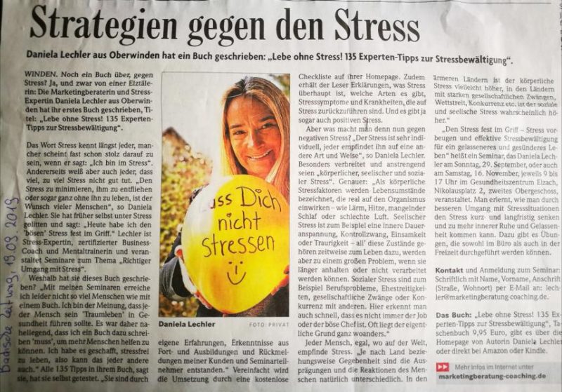 Pressebericht Badische Zeitung zum Ratgeber von Daniela Lechler: Lebe ohne Stress