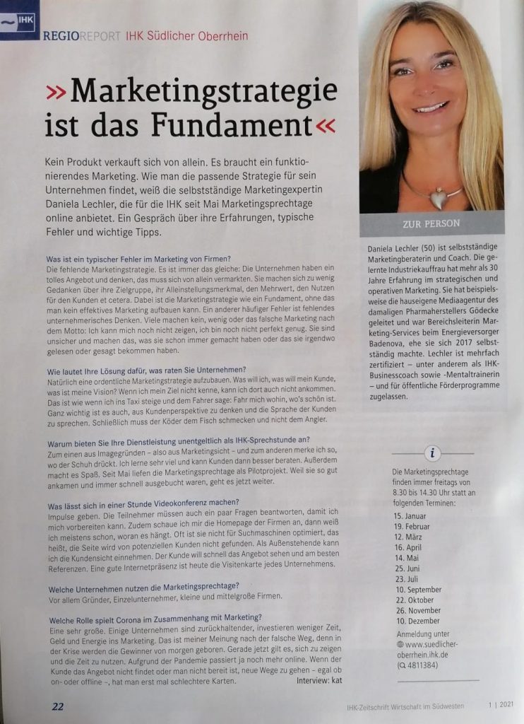 Interview Marketinstrategie für die IHK Südlicher Oberrhein Wirtschaft in Südwest von Daniela Lechler Marketingberatung & Coaching